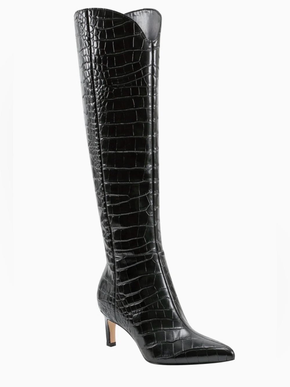 Marc Fisher Black Croc-Embossed Leather Pointed Boots - Picture 2 of 9